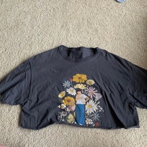 Charcoal gray with floral design flowers and person graphic - very cropped shirt